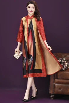Aukštos Kokybės Pavasarį, Rudenį 2 Vnt Nustato Meno Originalus Mygtuką Šilko Printed Dress Moterys Dirbti Drabužių Mados Suknelių Rinkinys