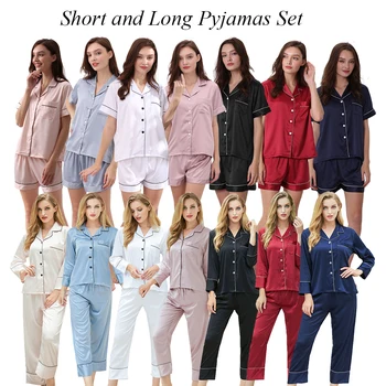 Vasaros pusė rankovės satino pižama rinkinys moterims poliesterio audinio ponios pižama nustatyti vientisos spalvos švarus pižama komplektas