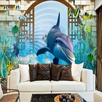 Beibehang 3D Delfinų 3D animaciją, vaikų kambario, vaikų kambario foną sienų tapybos užsakymą didelės freskos žalia tapetai