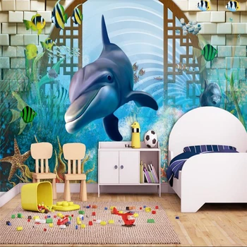 Beibehang 3D Delfinų 3D animaciją, vaikų kambario, vaikų kambario foną sienų tapybos užsakymą didelės freskos žalia tapetai