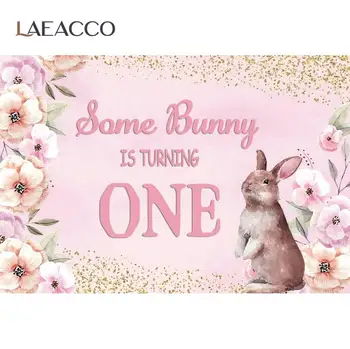 Laeacco Rausvos Gėlės Akvarelė Mūsų Mažai Bunny Sukasi Vienas 1-ojo Gimtadienio Plakatas Nuotrauka Fone Fotografijos Fonas