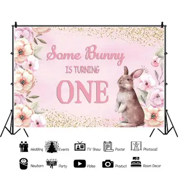 Laeacco Rausvos Gėlės Akvarelė Mūsų Mažai Bunny Sukasi Vienas 1-ojo Gimtadienio Plakatas Nuotrauka Fone Fotografijos Fonas
