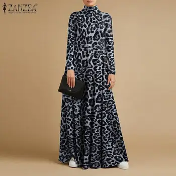Seksualus Leopard Maxi Suknelė Moterų Pavasario Sundress ZANZEA 2021 Atsitiktinis ilgomis Rankovėmis Golfo Vestidos Moterų Baggy Drabužius, Plius Dydis