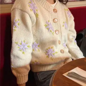 2020 m. Rudens Žiemos Atsitiktinis Moterų Išsiuvinėti Gėlių Megzti Džemperis Cardigan Elegantiškas Streetwear Kailis