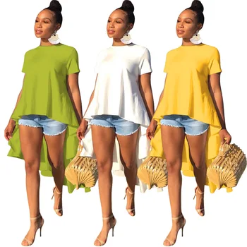 Moterų viršūnių Palaidinės & Marškinėliai raukiniai trumpomis rankovėmis apvalios kaklo žalios spalvos; geltonos spalvos, seksualus atsitiktinis asimetrinė marškinėliai moterims