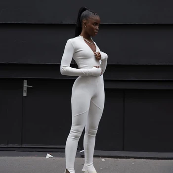 2020 M. Moteris Treniruotės Aktyvios Dėvėti Briaunoti Rompers Sportiškas Bodycon Jumpsuits Ilgomis Rankovėmis Užtrauktukų Ponios Šalies Streewear Jumpsuit