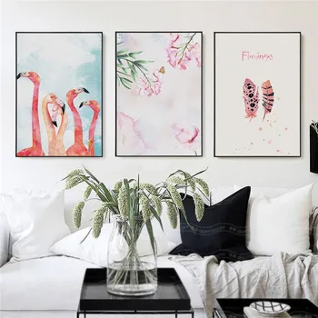 Šiuolaikinės Flamingo Plunksnų Gėlių Tapybos Kūrybinės Nuotrauką Namų Fone, Dekoratyvinis Dažymas sienos nuotraukas, už kambarį