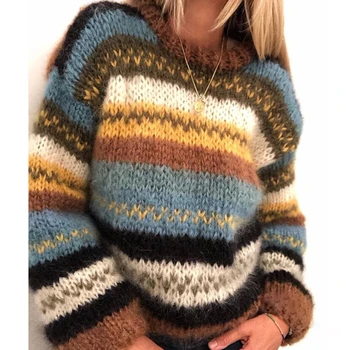2021 Naujas Moterų Megztinis, Vintage Megztinis Ilgomis Rankovėmis Purus Megzti Žiemos Moterų Juostele Megztinis Didelis Dydis