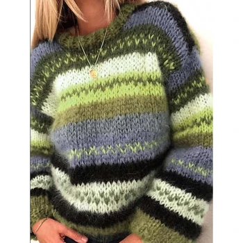 2021 Naujas Moterų Megztinis, Vintage Megztinis Ilgomis Rankovėmis Purus Megzti Žiemos Moterų Juostele Megztinis Didelis Dydis