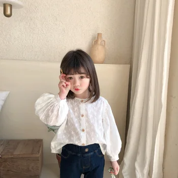 Merginos, Žiediniai Kopūstai Marškinėliai 2021 M. Pavasarį Naujas Korėjiečių Vaikams, Kūdikių Užsienio Stiliaus Burbulas Rankovėmis, Baltos Spalvos Doll Marškinėliai