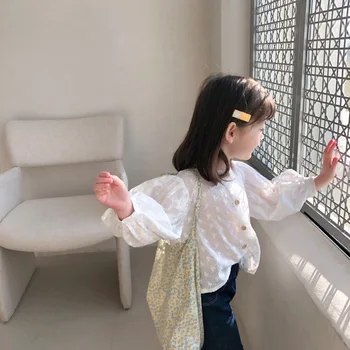 Merginos, Žiediniai Kopūstai Marškinėliai 2021 M. Pavasarį Naujas Korėjiečių Vaikams, Kūdikių Užsienio Stiliaus Burbulas Rankovėmis, Baltos Spalvos Doll Marškinėliai