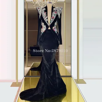 Bling Elegantiška Juoda Undinė Vakarinę Suknelę Duobute Kristalai Ilgomis Rankovėmis Grindų Ilgis Promenadzie Suknelė Artimųjų Rytų Garsenybių 2020 Dubajus