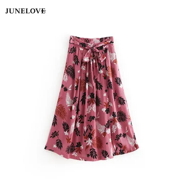 JuneLove stilingas lapai spausdinti sijonas elastinga juosmens peteliškę varčias, sagos, kišenės šviesą ponios vasaros midi sijonai faldas