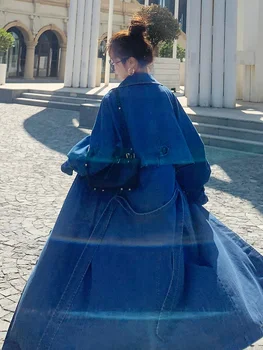 Džinsinis švarkelis, moterų ilgas ir purus korėjos stiliaus virš kelio paltas