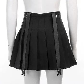 Kietas Juodas Klostuotas Streetwear Gotikos Aukšto Juosmens Mini Moterų Sijonai Harajuku Grunge Dirželis Sijonas