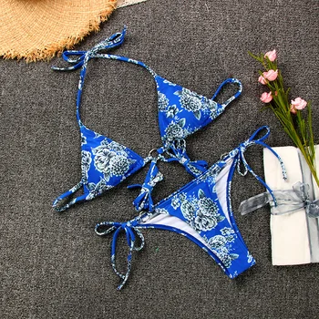 2020 Gėlių Spausdinti Seksualus String Bikini Nustatyti Papildomų Ilgai Rišti Kelis Dėvėti Plaukimo Kostiumas Moterims, Aukštos Sumažinti Maudymosi Kostiumėlį Žiedas Bikini