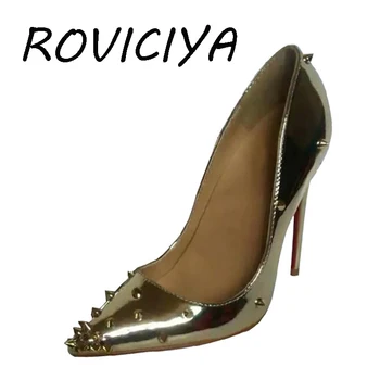 Prekės ženklo batai moterų mados pažymėjo tne kniedės vieną bateliai 12 cm aukštakulnius šalies ponios batai adatos (stiletai) vakare MD025 ROVICIYA