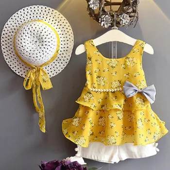 Berankovis vasaros Gėlių Backless Suknelė, Šortai lankas Skrybėlę Mergina Drabužių 3Pcs Komplektai, Vaikiška Vaikams, Kūdikių Mergaičių Drabužių Rinkinys