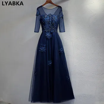 Chalatas De Soiree 2019 Vakaro Suknelės Ilgomis Rankovėmis Aukštos Kokybės Vakarinę Suknelę Tamsiai Mėlynos Tullle Su Gėlėmis Vakaro Suknelės Ilgio