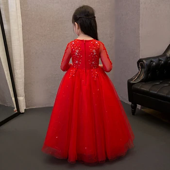 Nemokamas pristatymas Naujos Ilgai Raudonos Nėrinių gėlių mergaičių suknelės Vestido infantil festa