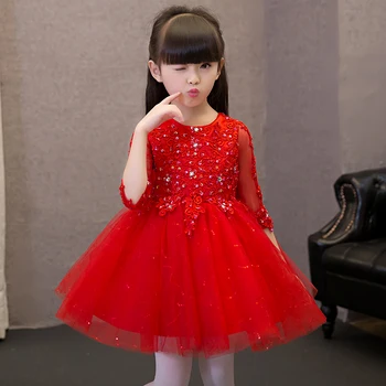 Nemokamas pristatymas Naujos Ilgai Raudonos Nėrinių gėlių mergaičių suknelės Vestido infantil festa