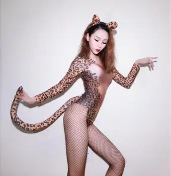 Aukštos kokybės SexySteel vamzdis šokių dainininkas kostiumas Europos ir Amerikos retro Šalies Kostiumas pilnas Leopardas Spausdinti Helovinas baras