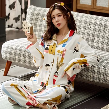 Pajama Nustatyti Moterų Pavasario Rudens Grynos Medvilnės Plius Dydis Pižama Korėjos Cardigan Filmukai Gali Būti Dėvimi Ne Atspausdintas Namų Drabužiai