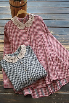 Naują Pavasario Moterų Medvilnės skalbiniai Plaid marškinėliai topai moterų atsitiktinis ilgomis rankovėmis marškinėliai