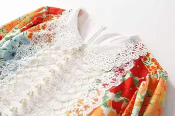 Europos ir Amerikos moteriški drabužiai nauji 2021 m. pavasarį Long sleeve lace lėlės Mados apykaklės mygtuką spliced spausdinti suknelė