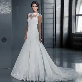 Nėriniai Appliques Vestuvių Suknelė 2019 undinė Vestuvių Tiulio Suknelė Vestuvių Suknelės, Balta