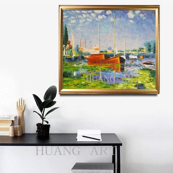 Atgaminti ranka-dažytos Claude.Monet yra raudona vienoje pusėje laivo naftos tapyba sėdi kambarį viešbutyje miegamasis