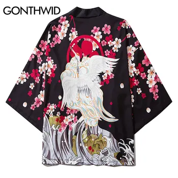 GONTHWID Harajuku Vyšnių Žiedų Gėlių Spausdinti Japonų Kimono Megztinis Haori Paltai Striukės, Marškiniai Streetwear Hip-Hop Viršūnės