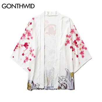 GONTHWID Harajuku Vyšnių Žiedų Gėlių Spausdinti Japonų Kimono Megztinis Haori Paltai Striukės, Marškiniai Streetwear Hip-Hop Viršūnės