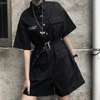 Gražus Krovinių Jumpsuit Moterys Naujas Plus Size Black Playsuits Streetwear Didelis Juosmens Trumpas Rankovės Plačios Kojos Jumpsuit Su Varčias
