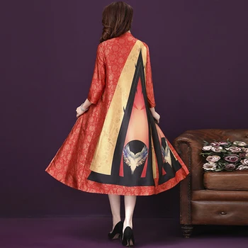 Aukštos Kokybės Pavasarį, Rudenį 2 Vnt Nustato Meno Originalus Mygtuką Šilko Printed Dress Moterys Dirbti Drabužių Mados Suknelių Rinkinys