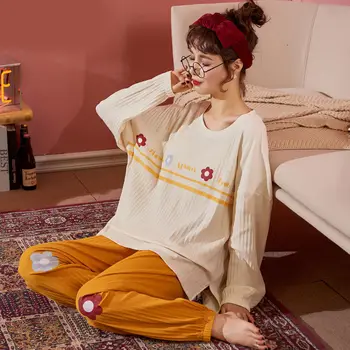 Pajama Komplektai Moterų Kawaii Paprastas Atsitiktinis Minkštas Ilgomis Rankovėmis Rudenį Ponios 2 Gabalas Pijamas Kasdien Mados Ulzzang Spausdinti Merginos Sleepwear