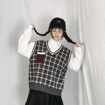 2018 mados moterų rudenį tankų naujas Japonų saldus pledas V-kaklo džemperis mergaitei liemene