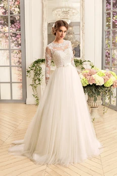 2021 Naujas Elegantiškas ilgomis Rankovėmis Vestuvių Suknelės, O-Kaklo Lace A-line Tiulio Nuotakos Suknelė Aplikacijos Skraiste Mariee