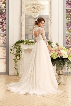 2021 Naujas Elegantiškas ilgomis Rankovėmis Vestuvių Suknelės, O-Kaklo Lace A-line Tiulio Nuotakos Suknelė Aplikacijos Skraiste Mariee