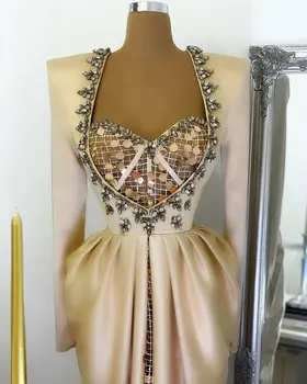 Elegantiškas Šampanas Tiesiai Blizgučiais Ilgas Vakarines Sukneles Visą Rankovėmis Kristalų Vakare Puošnios Suknelės, Kuklus Šalis Suknelė