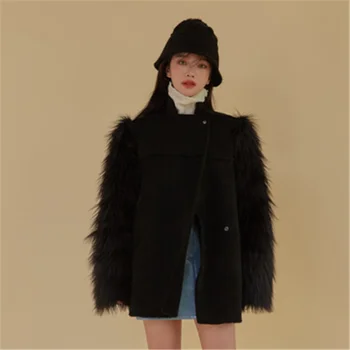 Korėjos Stilius Derliaus Seksualus Dirbtiniais Kailiais Dukart susidūrė su Vilnoniai Kailiniai Paltai moterims Elegantiškas Naktinis Klubas Priežastinis Kailis 2020 M. Žiemos Paltai