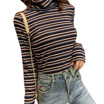 Moterų Ilgas Rankovėmis Golfo Marškinėliai Kontrasto Spalvos Dryžuotas Spausdinti Briaunoti Megztinis Viršūnes Slim Pagrindinio Ruožas Streetwear