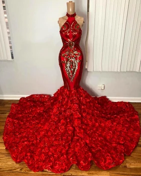 Raudona Undinėlės Ilgai Promenadzie Suknelė 2020 Realios Nuotraukos Nuostabiu China Viršų 3D Gėlės Afrikos Juodieji Mergina Prom Dresses