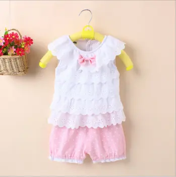 2016 m. Vasaros vaikų drabužių nėrinių lankas kūdikiams ir mažiems vaikams, kūdikių mergaitės, medvilniniai berankoviai dviejų dalių kostiumas A016