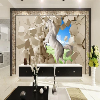 Individualizuotos Fono paveikslėlį 3D Stereoskopinis Balto Žirgo Foto Sienos Freskos Pilka Balta Plytų Sienos Tapetai Dokumentus Kambarį Namų Dekoro