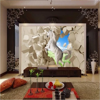 Individualizuotos Fono paveikslėlį 3D Stereoskopinis Balto Žirgo Foto Sienos Freskos Pilka Balta Plytų Sienos Tapetai Dokumentus Kambarį Namų Dekoro