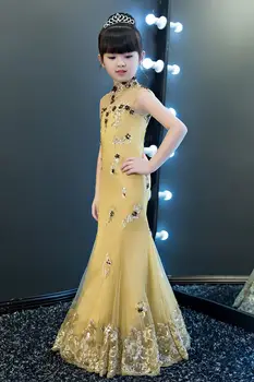 Suknelė aukso china baby girl undinėlės kostiumas vaikams backless vestuvių etapo rezultatus drabužių tiulio fėja dress kūdikių