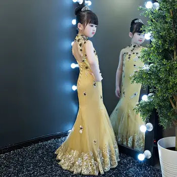 Suknelė aukso china baby girl undinėlės kostiumas vaikams backless vestuvių etapo rezultatus drabužių tiulio fėja dress kūdikių