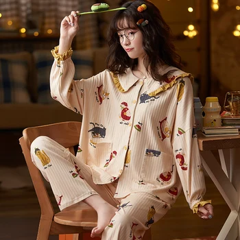 Nauja rudens ir žiemos pižama moterų Atvartas megztinis megztas dryžuotas medvilnės korėjos atsitiktinis saldus ilgomis rankovėmis namų drabužiai
