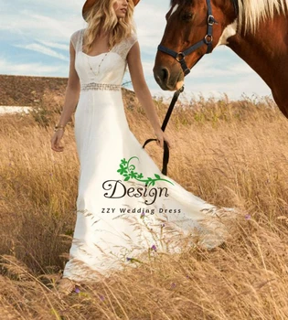 2019 Bžūp Rankovėmis, Balti V-Kaklo Nėrinių Bei Šifono Duobute Užsakymą Pagaminti Vestuvių Suknelės bohemijos Valymo Traukinio Vestuvių Suknelės